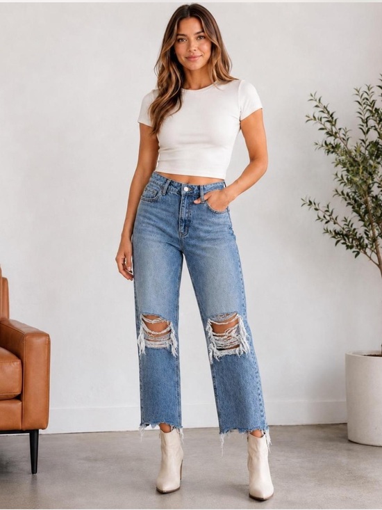 Vervet Denim - VERVET High Rise Ankle Crop Destroyed Wash Unfinished Hem Jeans